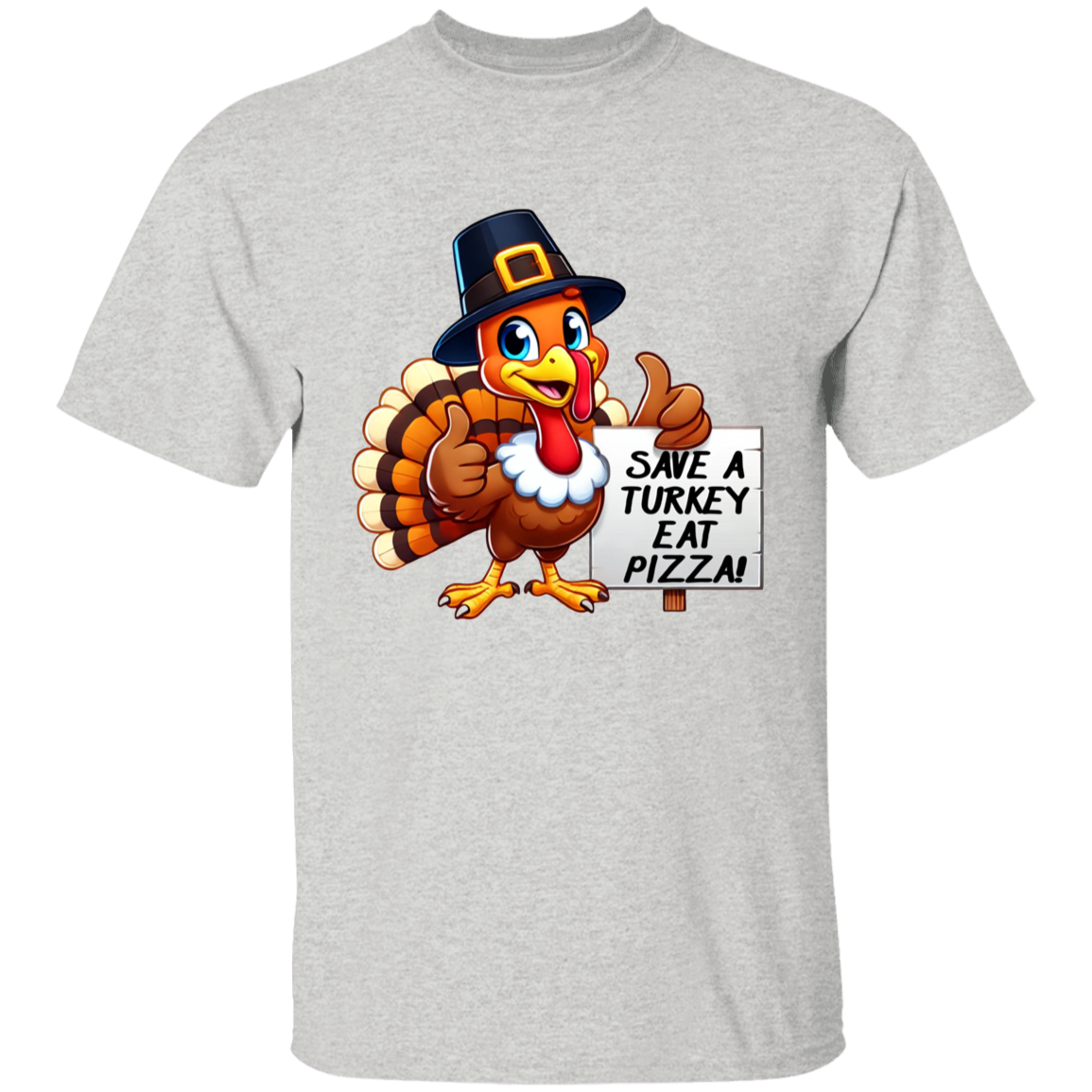 Funny Kids Thanksgiving T-Shirt – 'Save a Turkey, Eat Pizza' Cartoon Design